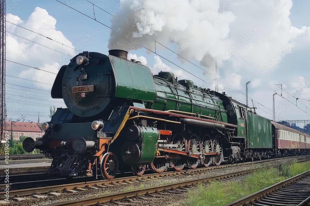 Naklejka premium Powerful steam train locomotive pulling passenger cars on railway