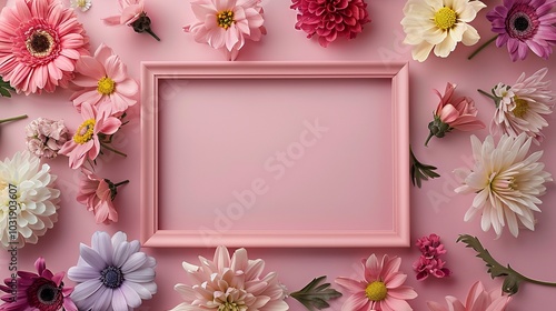 Soft pink rectangular frame mockup with harmonious serene flowers. Floral composition photoframe template advertising image. Botanical pictureframe mock up product photorealistic