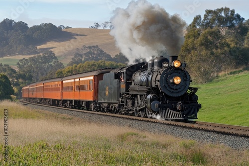 Antique steam train traveling through countryside emitting steam