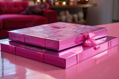 Elegant Pink Gift Boxes on Glossy Table