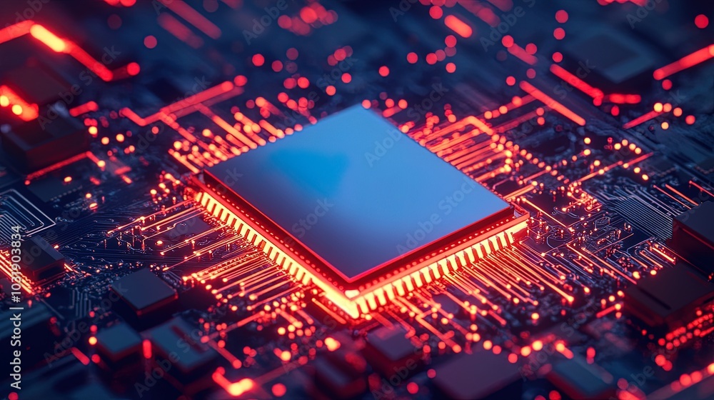 Cpu is glowing red on a motherboard with many circuits Cpu is glowing red on a motherboard with many circuits