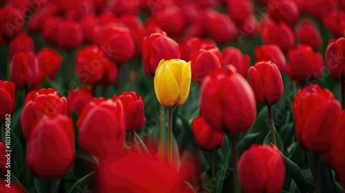 Solitary Yellow Tulip Standing Out in Vibrant Red Tulip Field