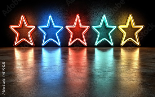 3D Illustration of Five Colorful Glowing Stars on Dark Background photo