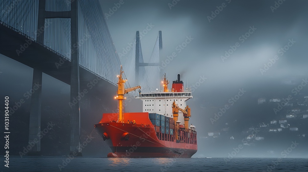 Majestic cargo ship passing gracefully under the grand expanse of a ...