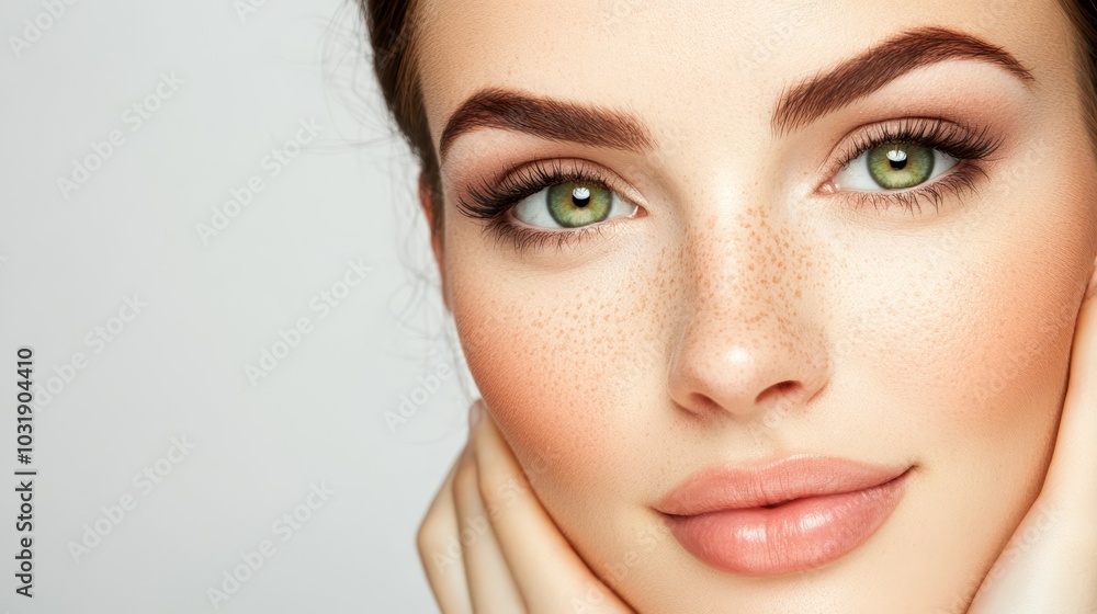 Fototapeta premium freckles dotting her face, hand touching cheek
