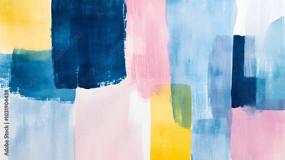 Naklejka premium Minimalist Japandi art, shapes made of brush strokes, blue, pink, and yellow color blocks on a white background, watercolor painting