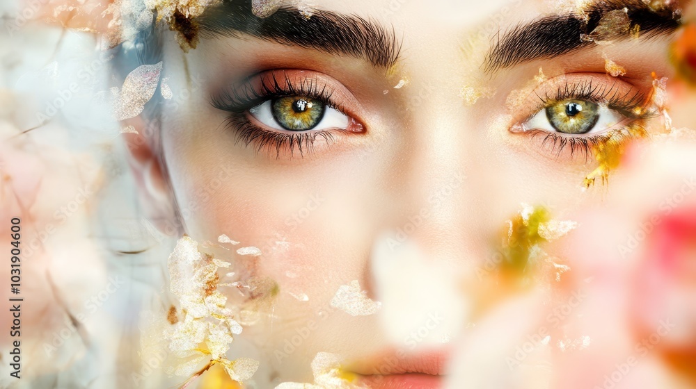 A tight shot of a woman's face adorned with flowers, her eyes peeking out from the floral arrangement A tight shot of a woman's face adorned with flowers, her eyes peeking out from the floral arrangement