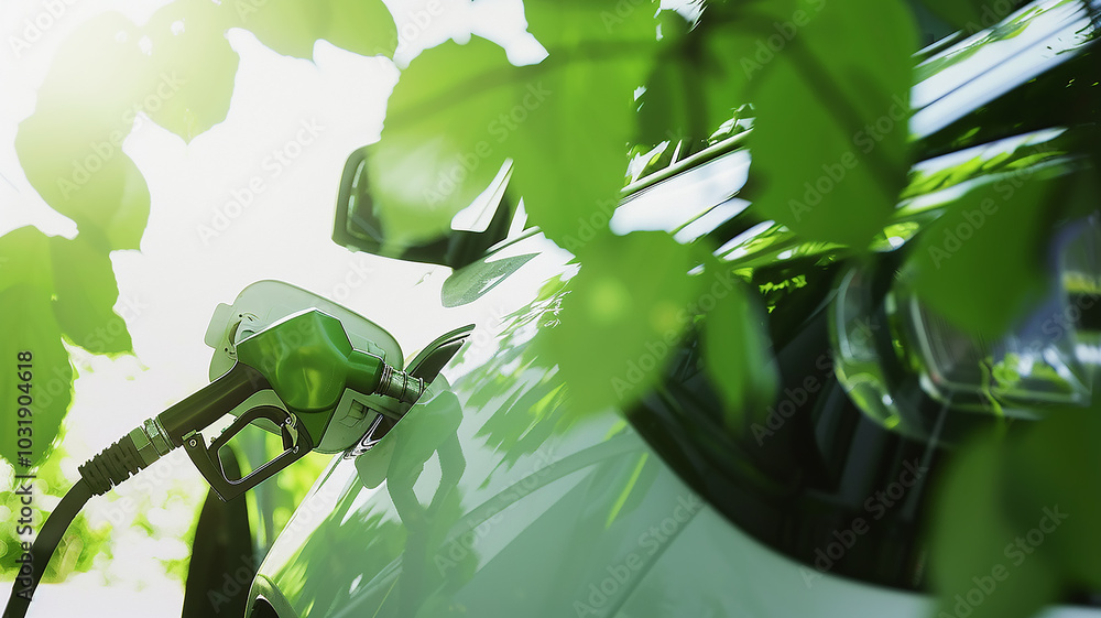 Refueling a car, a fuel injector in sunlight among the leaves of ...