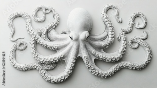A full-body, realistic drawing of an octopus viewed from above, its tentacles splayed out in every direction, with ample copy space surrounding the illustration on a simple, light background