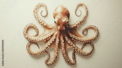 A full-body, realistic drawing of an octopus viewed from above, its tentacles splayed out in every direction, with ample copy space surrounding the illustration on a simple, light background