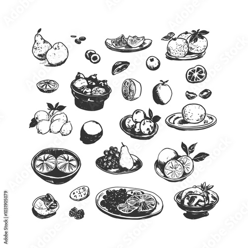 Black and white line art illustration of assorted fruits and citrus slices. Ideal for food-related designs, healthy lifestyle visuals, or menu decorations. Hand-Drawn Line Art.