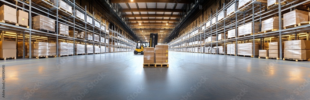 Panoramic view of an industrial warehouse with high shelves, neatly arranged boxes, forklifts in motion, and bright lighting, showcasing storage technology and interior design. Panoramic view of an industrial warehouse with high shelves, neatly arranged boxes, forklifts in motion, and bright lighting, showcasing storage technology and interior design.