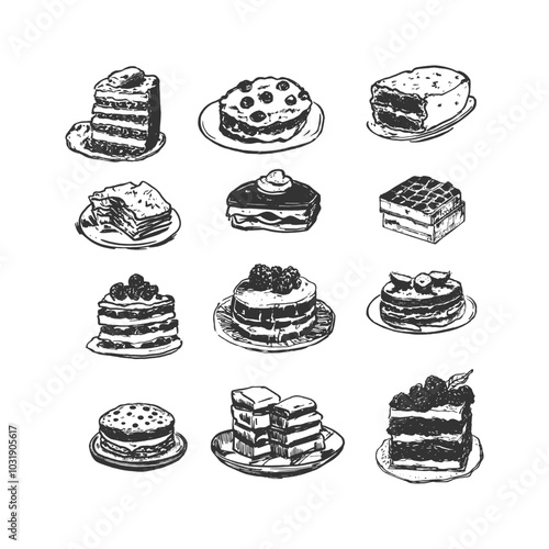 Hand-Drawn Cake and Pastry Illustration Collection. Delightful black-and-white hand-drawn illustration featuring a variety of cakes and pastries. Perfect for bakeries.