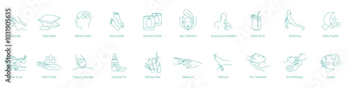 Foot Spa, Sleep Mask, Mental Health, Nature Walk, Scented Candles, Spa Treatment, Acupuncture Needles, Detox Drink, Stretching, Sleep Tracker, Body Scrub, Reiki Hands, Cupping Therapy vector icons