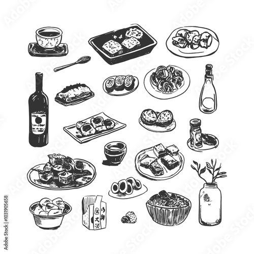 Hand-Drawn Food and Drink Illustration – Diverse Dishes, Snacks, and Beverages. Black-and-white hand-drawn illustration showcasing a variety of dishes, snacks, and beverages.