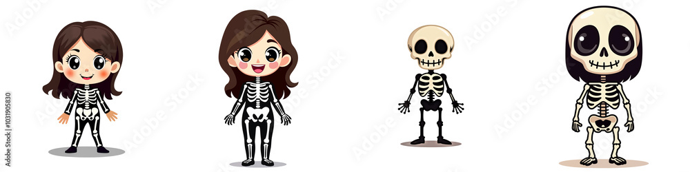 collection of 4 skeletons. Set of cute halloween characters isolated PNG with no background in cartoon style collection of 4 skeletons. Set of cute halloween characters isolated PNG with no background in cartoon style