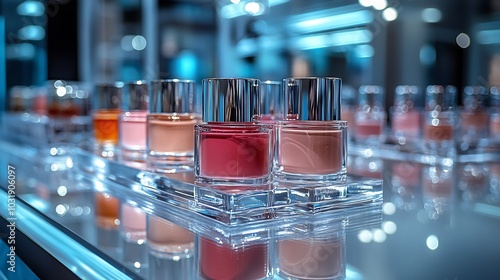 Stylish Makeup Presentation Featuring Bold Saturated Lip Colors Glossy Highlighters Silky Foundations Modern Transparent Containers on a Pristine Glass Counter Under Spotlighting photo