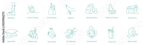 Meditation, Cupping Therapy, Aromatherapy, Pedicure, Massage Stone, Mindfulness, Breathing Exercises, Self-Care Kit, Sleeping Mat, Sleeping Mask, Bamboo Spa, Nature Walk, Spa Treatment vector icons