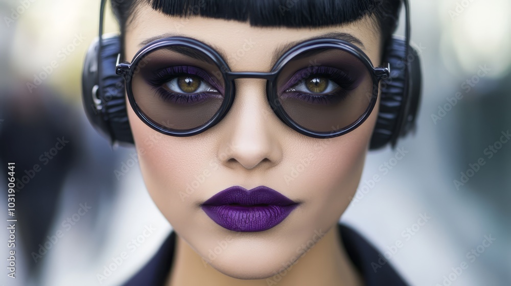 A tight shot of a woman donning headphones, her lips colored in vivid purple lipstick A tight shot of a woman donning headphones, her lips colored in vivid purple lipstick