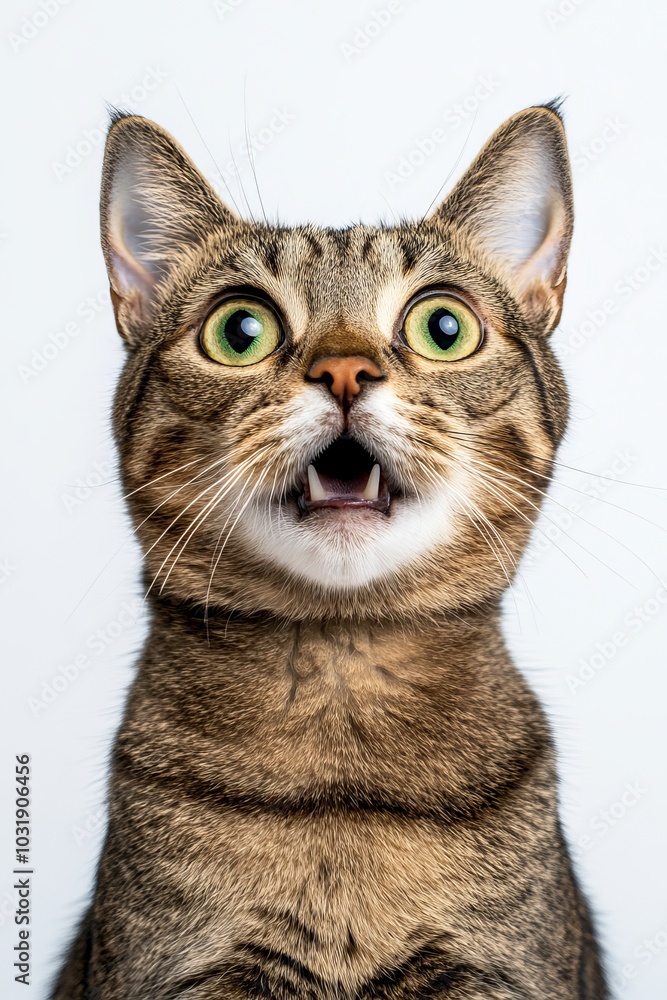 Surprised Tabby Cat with Mouth Wide Open and Eyes Staring, Isolated on White Background.