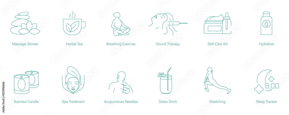 Massage Stone, Herbal Tea, Breathing Exercise, Meditation, Sound Therapy, Self-Care Kit, Hydration, Scented Candles, Aromatherapy, Spa Massage, Spa Treatment, Acupuncture, Detox Drink vector icons Massage Stone, Herbal Tea, Breathing Exercise, Meditation, Sound Therapy, Self-Care Kit, Hydration, Scented Candles, Aromatherapy, Spa Massage, Spa Treatment, Acupuncture, Detox Drink vector icons