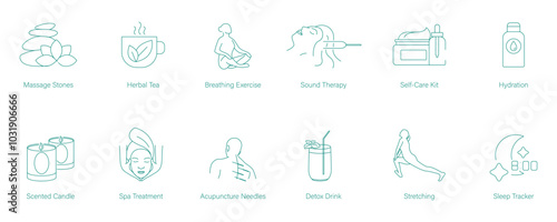 Massage Stone, Herbal Tea, Breathing Exercise, Meditation, Sound Therapy, Self-Care Kit, Hydration, Scented Candles, Aromatherapy, Spa Massage, Spa Treatment, Acupuncture, Detox Drink vector icons