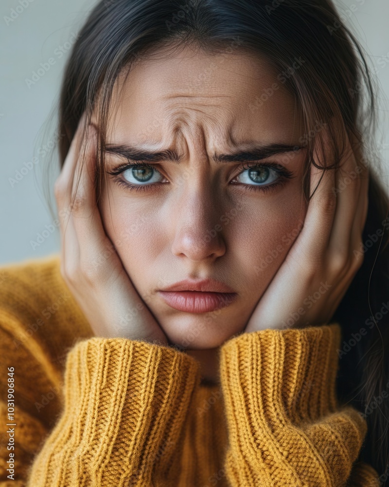 A young woman with a concerned expression, holding her head in her hands, wearing a cozy yellow sweater, against a neutral background. A young woman with a concerned expression, holding her head in her hands, wearing a cozy yellow sweater, against a neutral background.