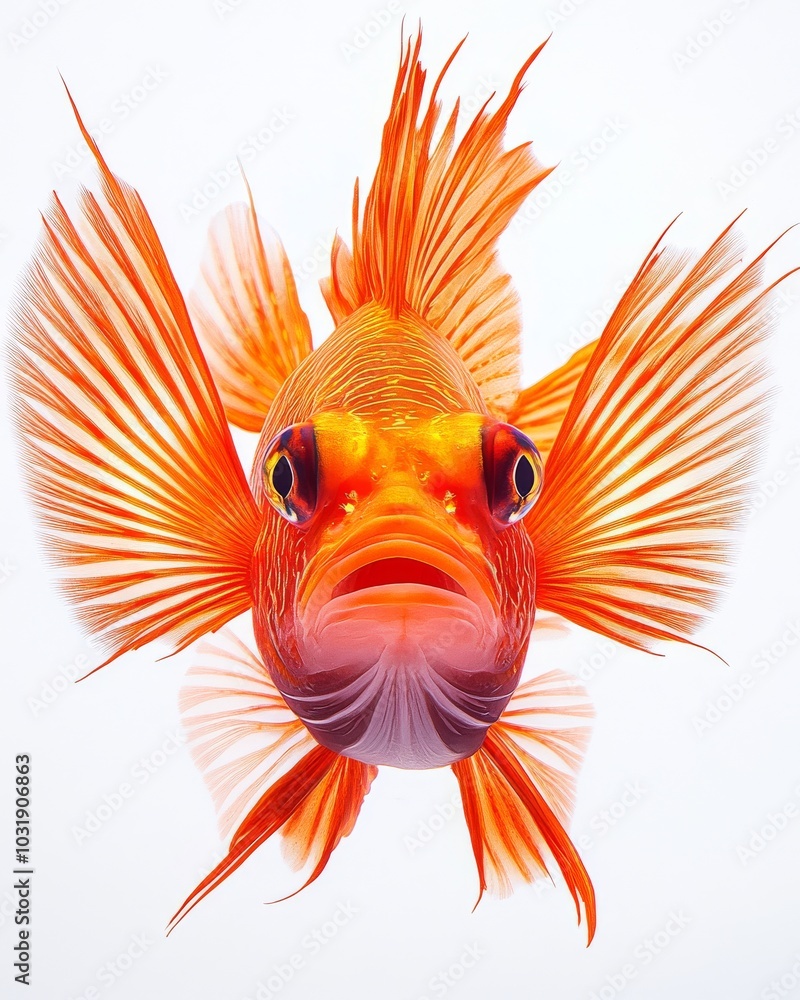Fototapeta premium the Devil Firefish, portrait view, white copy space on right, Isolated on white Background