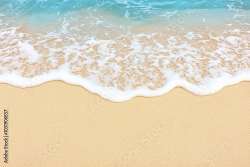 Top-down view of a sandy beach with blue water and waves, web banner design with copy space on the right for text or graphics.