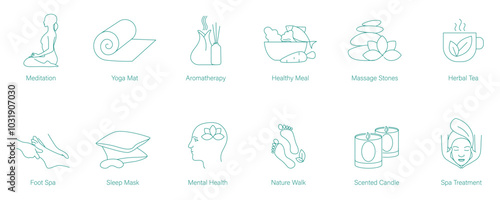 Meditation, Yoga Mat, Aromatherapy, Healthy Foods, Massage Stones, Herbal Tea, Pedicure, Sleep Mask, Mental Health, Nature Walk, Scented Candles, and Spa Treatment Vector Icons for Mindfulness icons