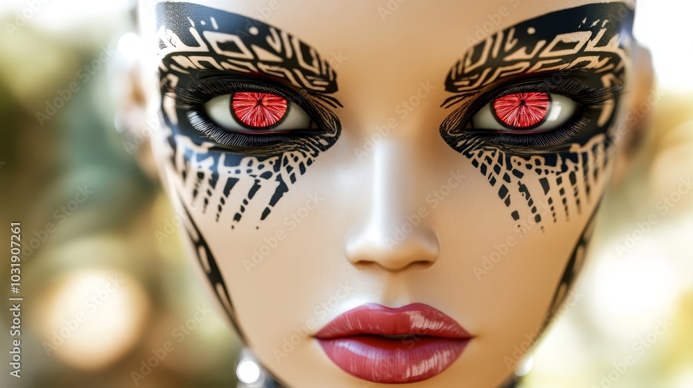 A tight shot of a woman's face adorned with black and red makeup, including vivid red eyeliners A tight shot of a woman's face adorned with black and red makeup, including vivid red eyeliners