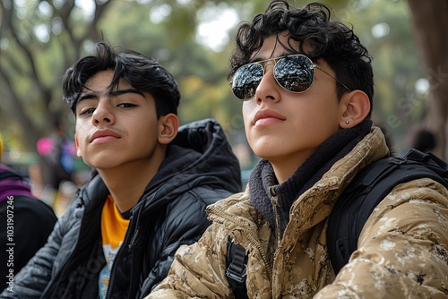 Risa contagiosa de un grupo de amigos disfrutando de una tarde soleada Un grupo de amigos jóvenes riendo a carcajadas mientras se relajan en un parque bajo el sol. Sus rostros está llenos de alegría photo