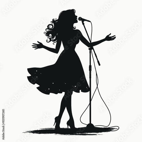 Actress in a microphone sings a song. vector black color silhouette, isolated white background 