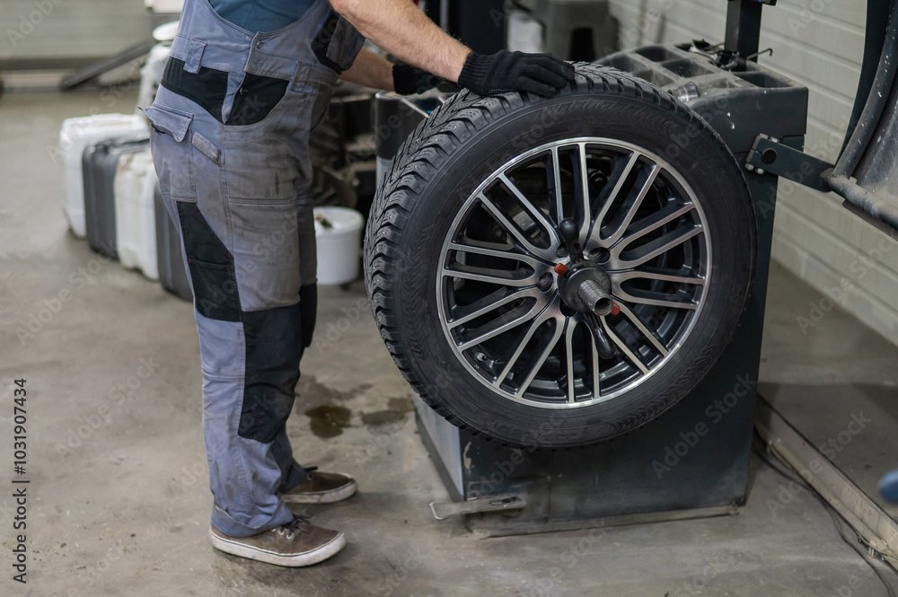 Mechanic balancing a wheel in a workshop. Mechanic balancing a wheel in a workshop.