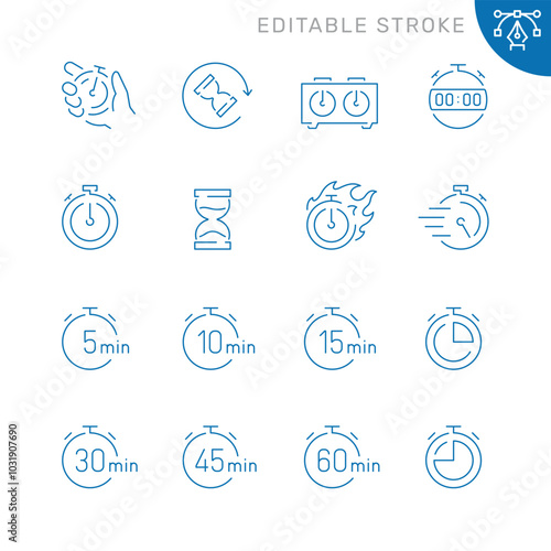 Vector line set of icons related with timer. Contains monochrome icons like stopwatch, sandglass, time, speed and more. Simple outline sign. Editable stroke.