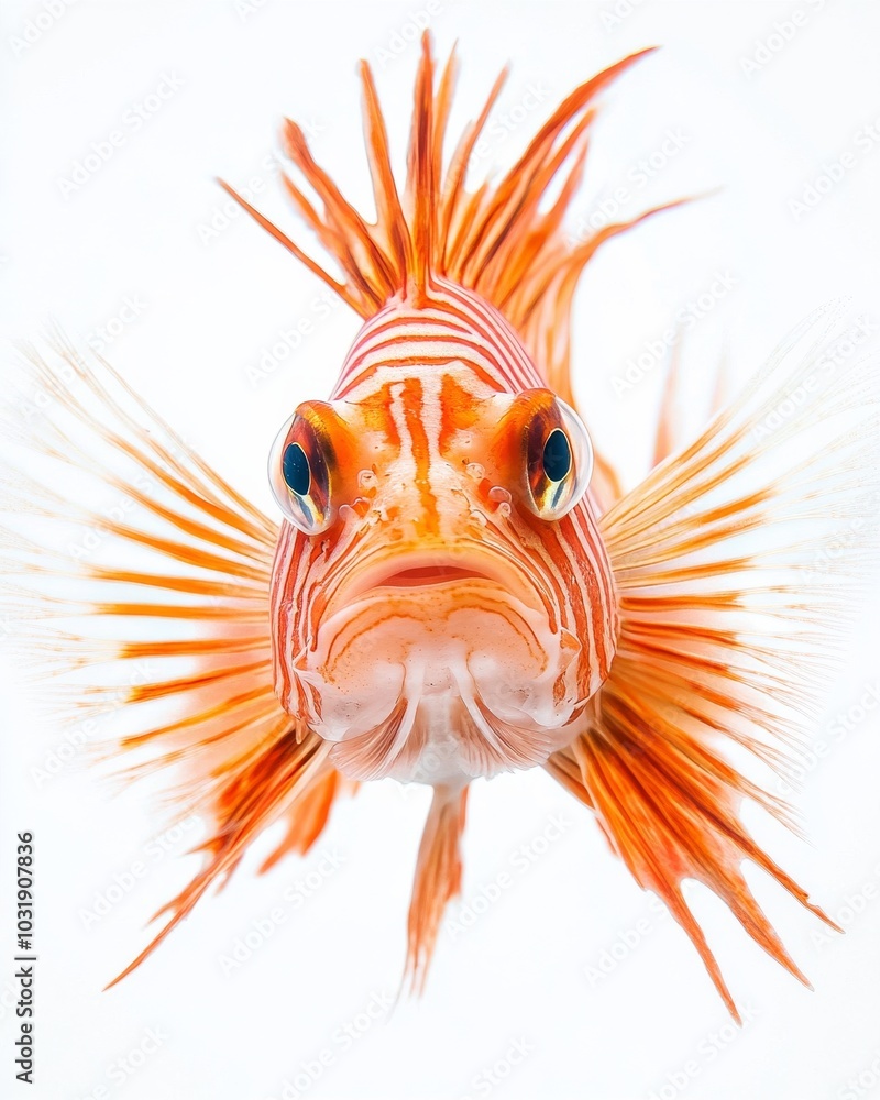 Fototapeta premium the Red Lionfish, portrait view, white copy space on right, Isolated on white Background