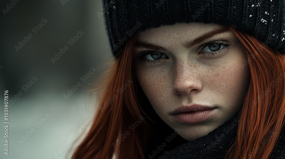 in beanie, gazes seriously at camera in beanie, gazes seriously at camera