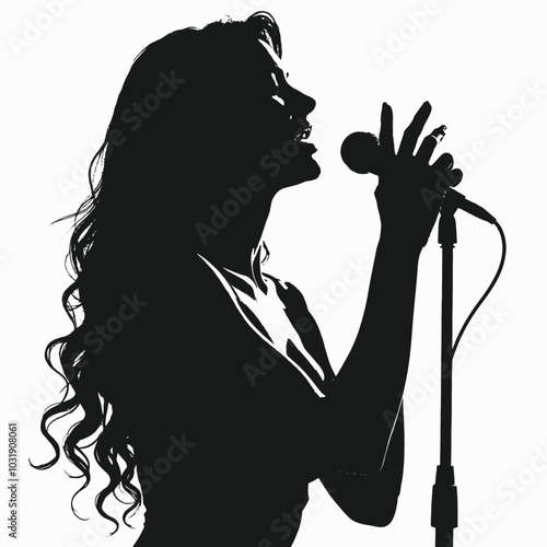 Actress in a microphone sings a song. vector black color silhouette, isolated white background 