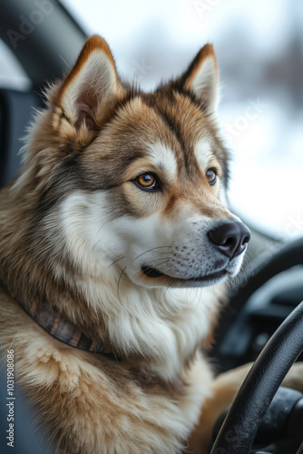 A husky dog sitting in the driver's seat of a car