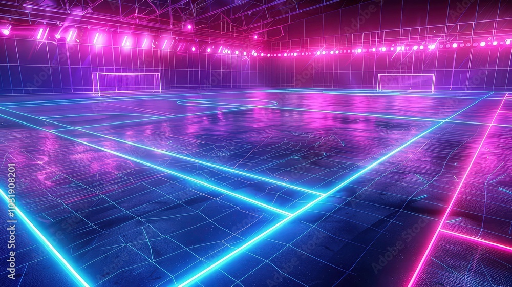 A rendered image of an empty indoor soccer field with neon lights creating a grid pattern on the floor. A rendered image of an empty indoor soccer field with neon lights creating a grid pattern on the floor.