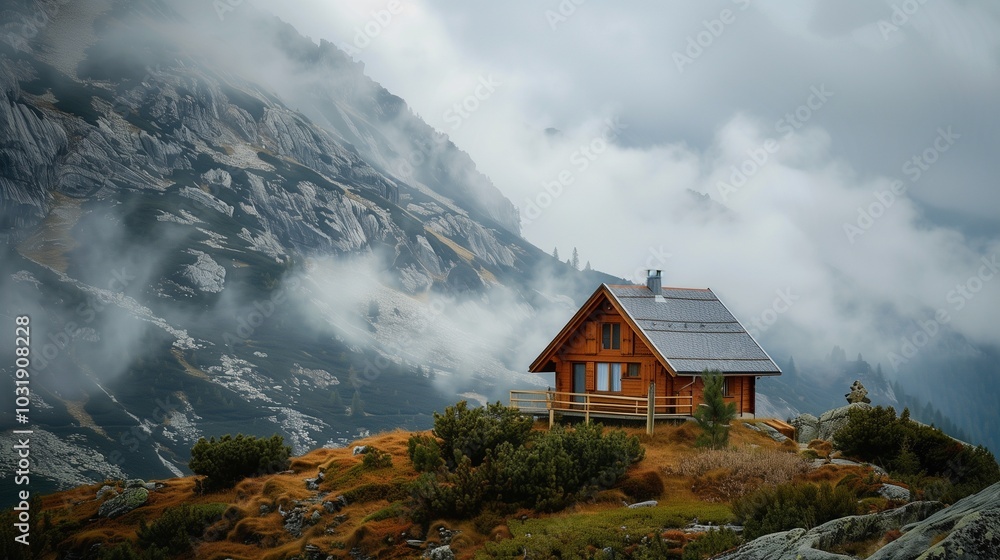 An isolated cabin on a mountain top. An isolated cabin on a mountain top.