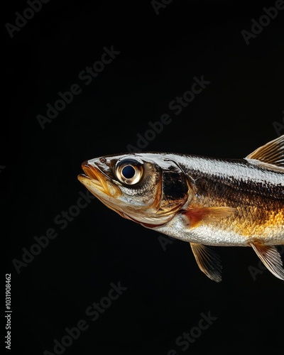 the Round Herring, portrait view, white copy space on right, Isolated on black Background photo