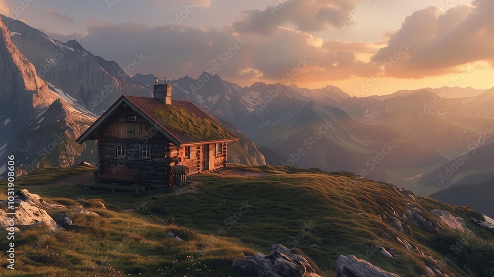 An isolated cabin on a mountain top. An isolated cabin on a mountain top.