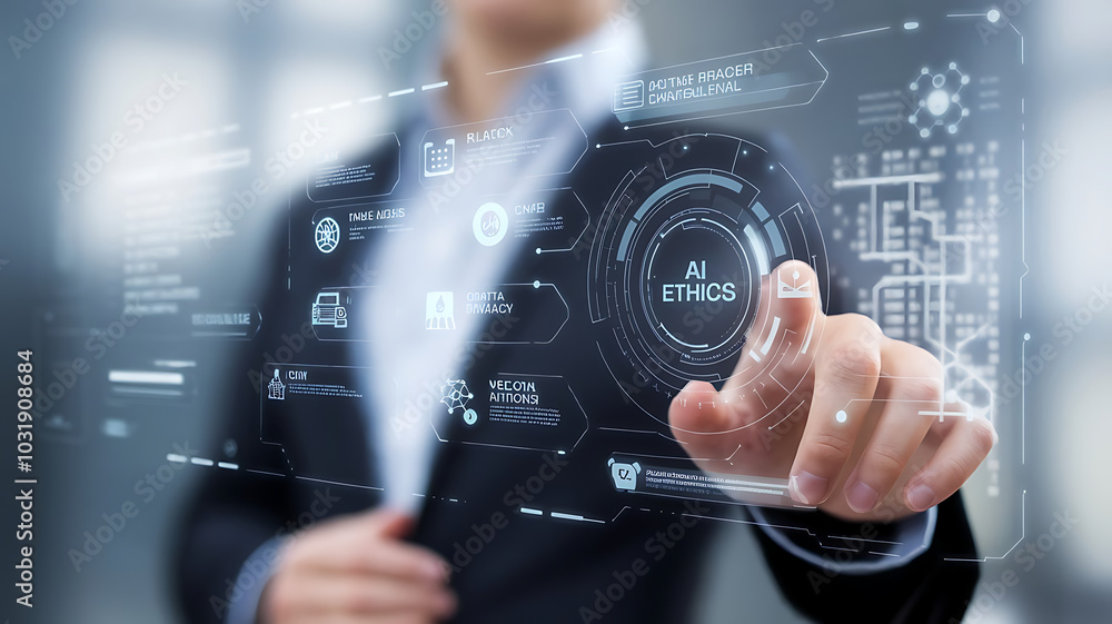 Businessman touching virtual AI ethics icon. AI ethics, Artificial intelligence law, AI ethics, or AI law concept. Businessman touching virtual AI ethics icon. AI ethics, Artificial intelligence law, AI ethics, or AI law concept.