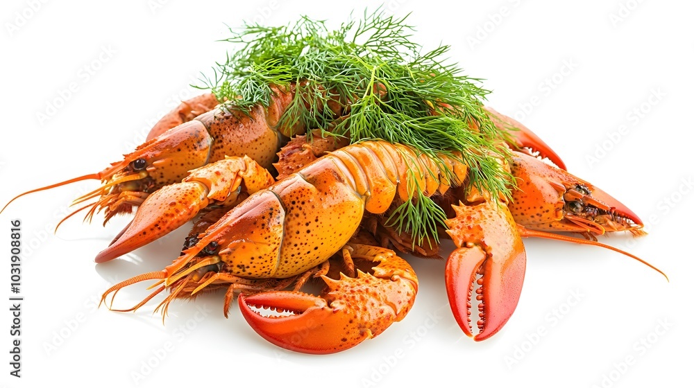 Boiled crayfish with dill isolated on white background. Boiled crayfish with dill isolated on white background.