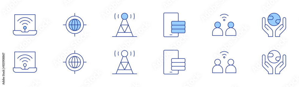 Internet icon set in two styles, Duotone and Thin Line style. Editable stroke. smartphone, wifi, target, radio antenna, network, earth Internet icon set in two styles, Duotone and Thin Line style. Editable stroke. smartphone, wifi, target, radio antenna, network, earth