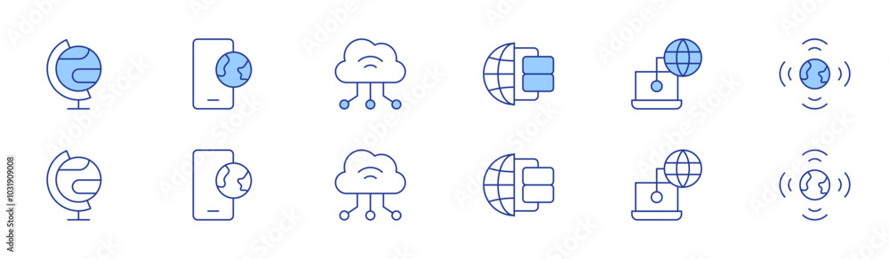 Internet icon set in two styles, Duotone and Thin Line style. Editable stroke. world globe, web, local network, internet, cloud computing, worldwide Internet icon set in two styles, Duotone and Thin Line style. Editable stroke. world globe, web, local network, internet, cloud computing, worldwide