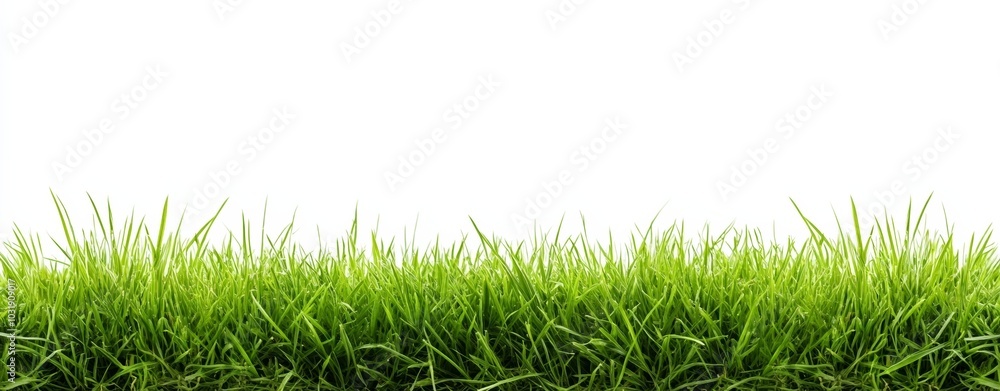 Seamless border of green grass isolated on a white background, offering space for text or design, representing a concept for the spring season with realistic details. Seamless border of green grass isolated on a white background, offering space for text or design, representing a concept for the spring season with realistic details.