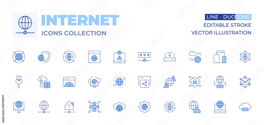 Internet icons collection. Line Duotone style, editable stroke. world, smart home, share, remote access, speedometer, website, internet, localization, ethernet, earth, cloud server Internet icons collection. Line Duotone style, editable stroke. world, smart home, share, remote access, speedometer, website, internet, localization, ethernet, earth, cloud server