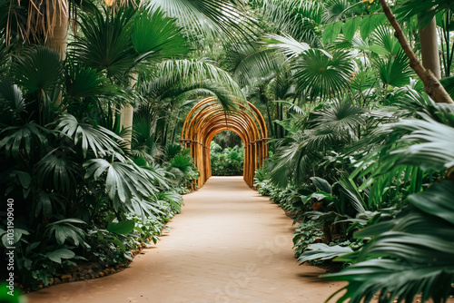 A walkway in the middle of a lush green jungle filled with palm trees photo